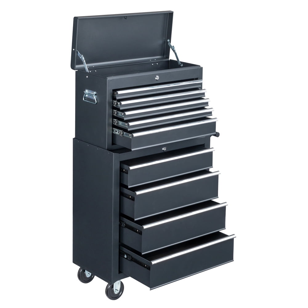 Tcbosik Combined Metal Tool Chest, 9 Drawers Rolling Tool Chest on Wheels, 2 in 1 Detachable Tool Cabinet for Warehouse Garage Workshop, Black