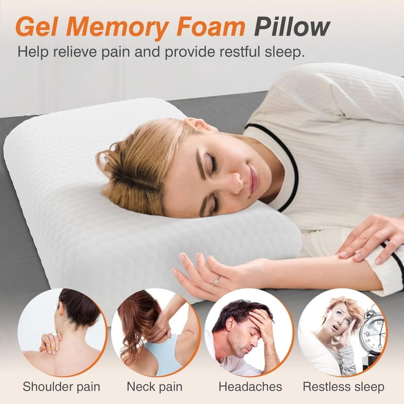 Kelno 2 Pack Memory Foam Pillows Standard Size Cooling Pain Relief Bed Pillow with Washable Cover, White