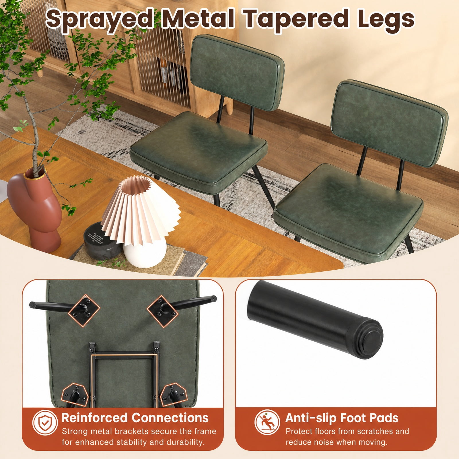 Furnibear Leather Dining Chairs Set of 2 with Padded Backrest and Tapered Metal Legs for Kitchen Dining Room, Dark Green