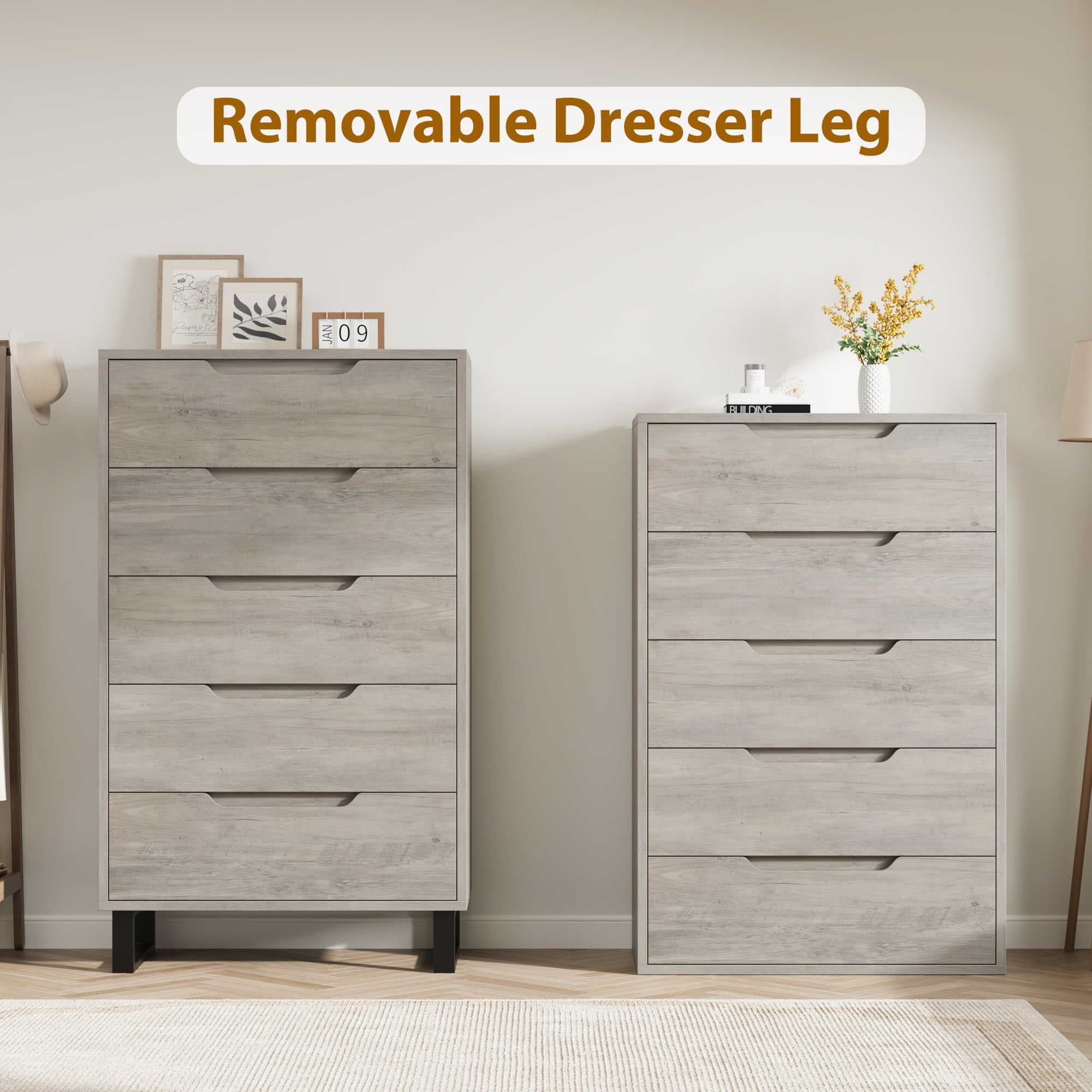 Modern 5-Drawer Chest - Height-Adjustable Base with Robot Vacuum Clearance