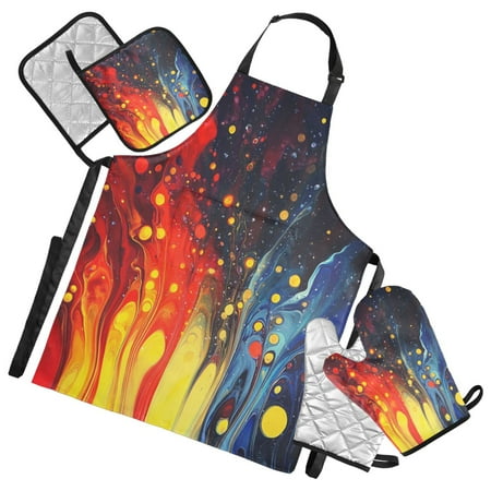 

5-Piece Kitchen Apron Set with Heat-Resistant Gloves & Insulation Mats for Cooking Baking BBQ Fiery Bubbles
