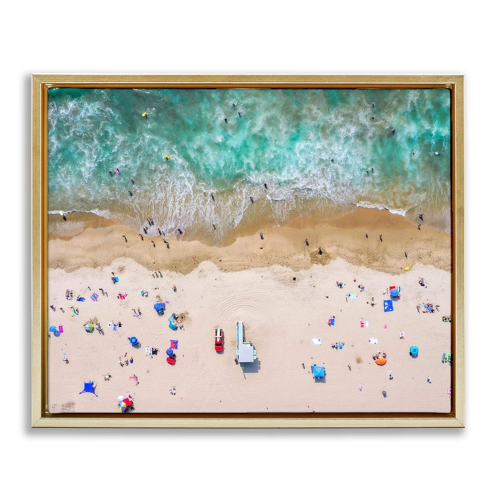 Stupell Industries Aerial View Busy Summer Beach Umbrellas People Swimming Photograph Metallic Gold Floating Framed Canvas Print Wall Art, Design by Jeff Poe Photography
