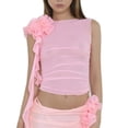 thumbnail image 3 of Women's Fashion Round Neck 3D Flower Perspective Mesh T-shirt Tops, 3 of 8