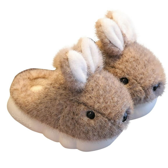 Gpaecead Kids Slippers Boys Girls Warm Soft Plush Rabbit Print Slippers Little Kids Non-Slip Winter Home Shoes for Indoor Outdoor 24 Coffee