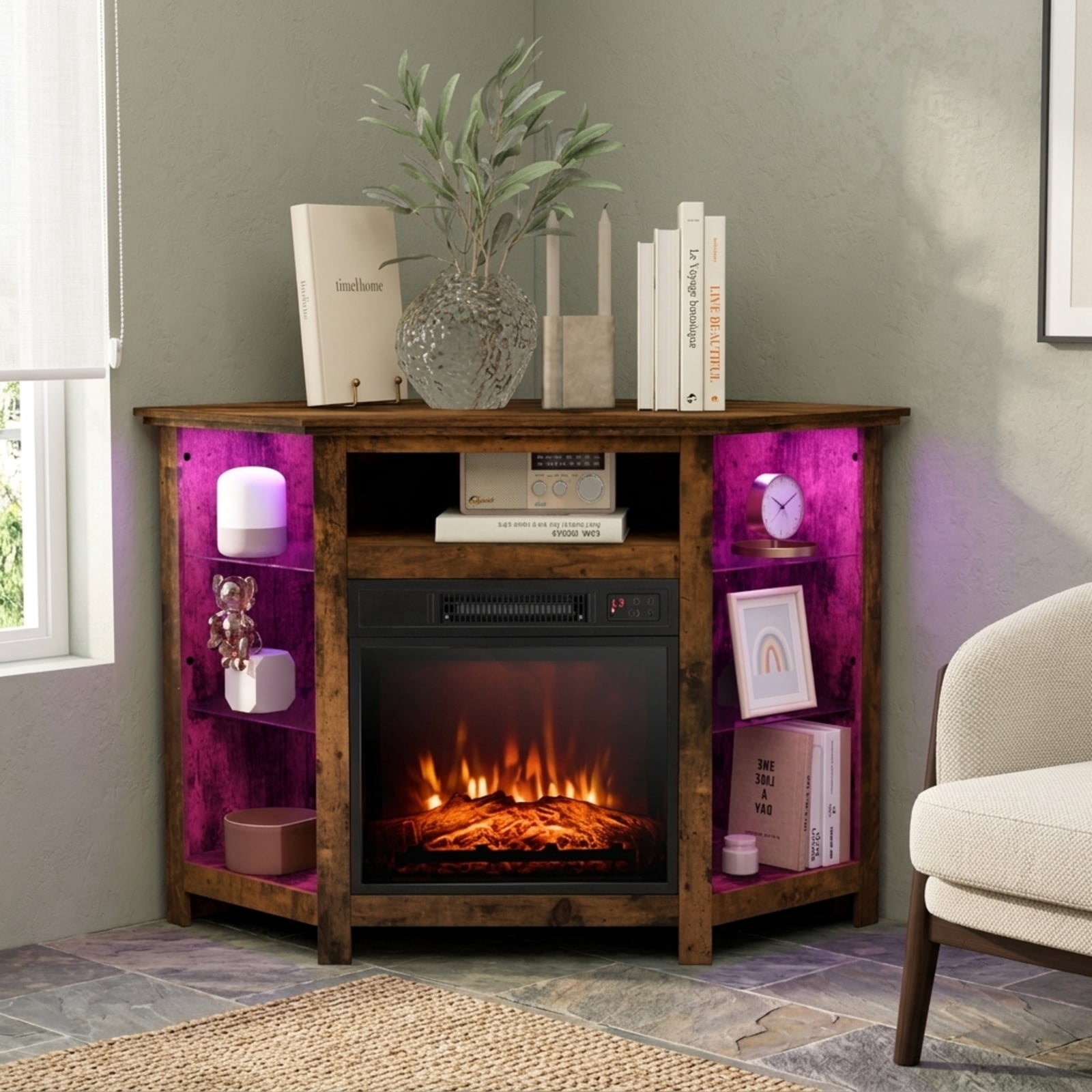 Furnibear Fireplace Corner TV Stand Entertainment Center with LED Lights and Smart App Control for 50 Inch TV Media Storage, Rustic Brown
