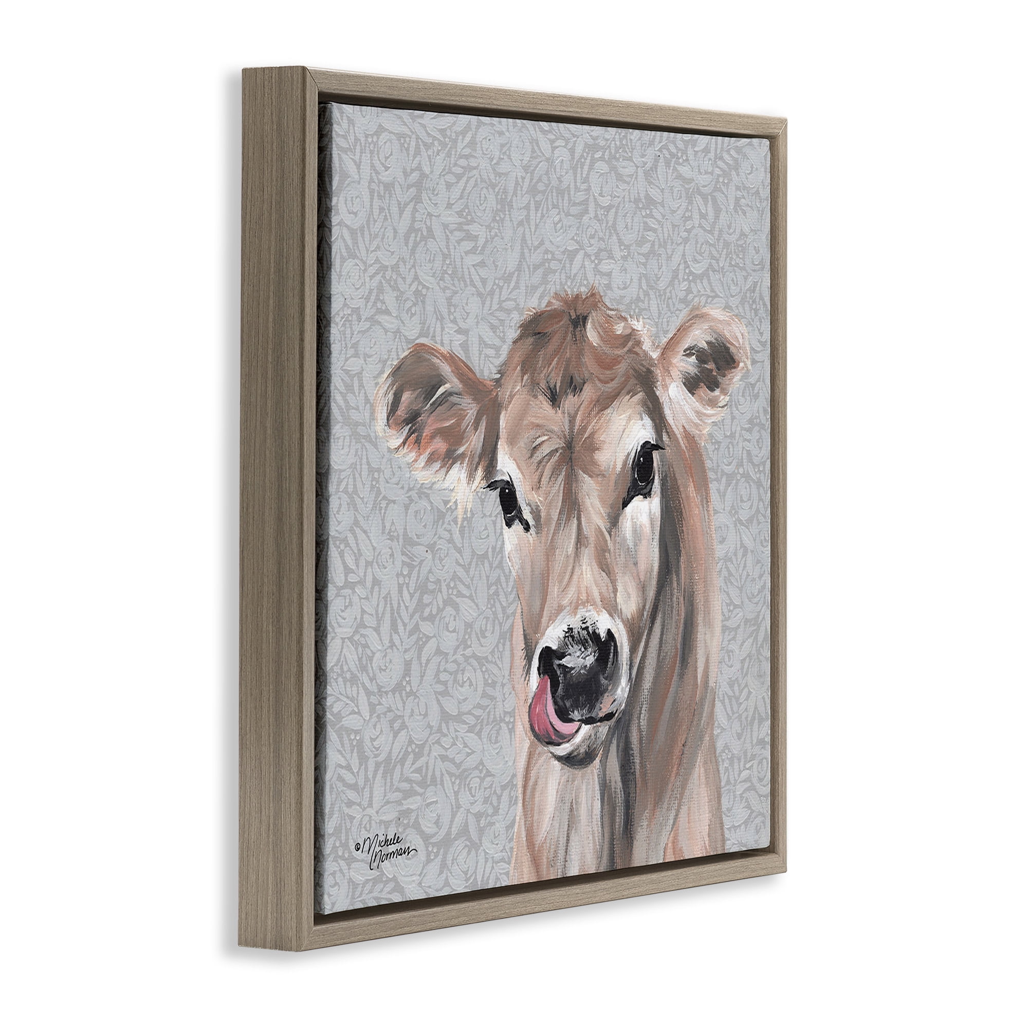 Stupell Industries Young Calf Portrait on Floral Animals & Insects Painting Brown Floater Framed Canvas Art Print Wall Art, 18 x 18