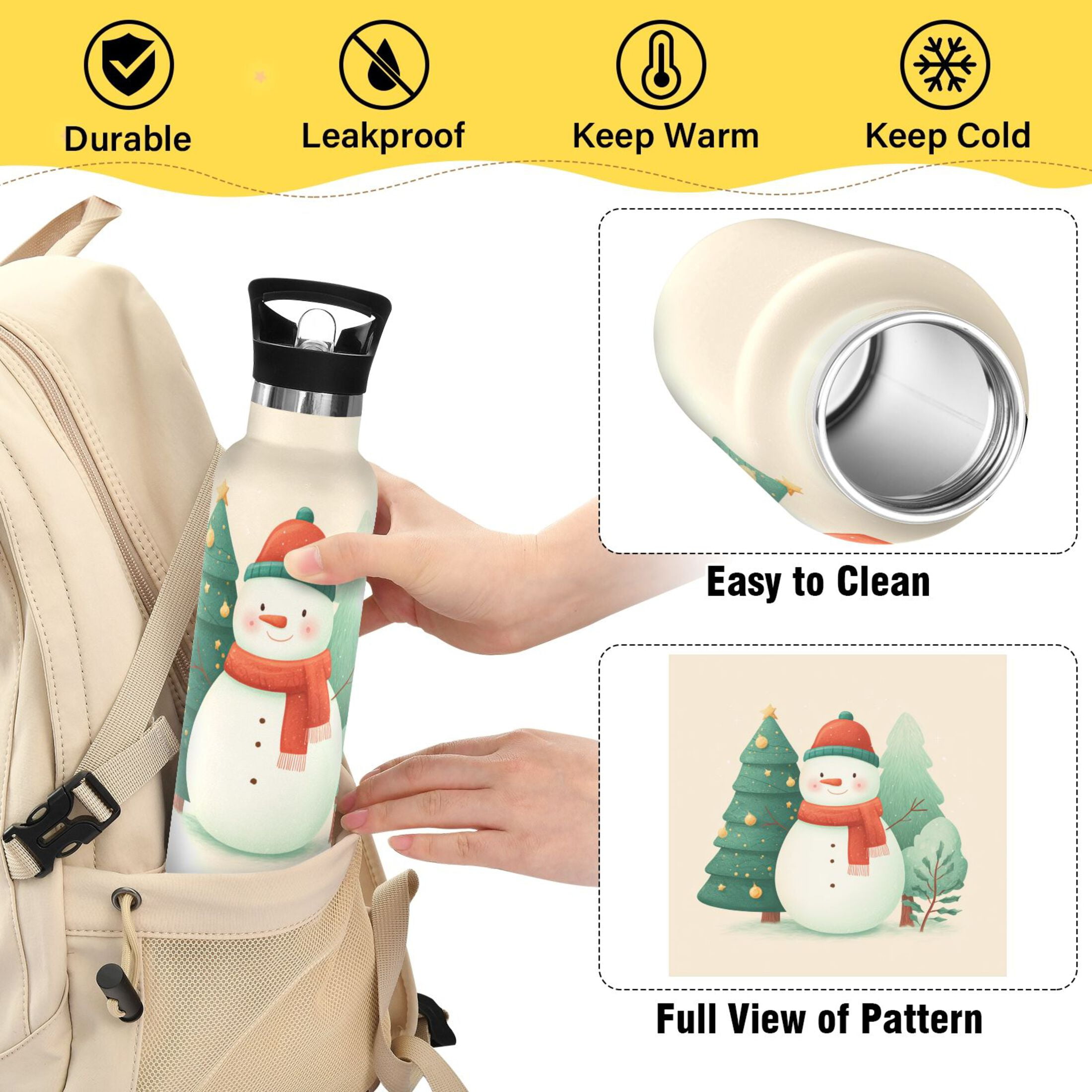 600ML Stainless Steel Insulated Cup Sports Water Bottle Portable Thermos Cup Water Glasses Insulated Tumblers Convenient and Durable A Cute Watercolor Christmas Snowman