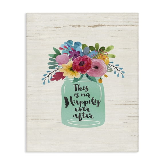 Stupell Industries Shabby Chic This Is Our Happily Ever After Flowers Jar White Wood Canvas Art, 24 x 30, by Jo Moulton