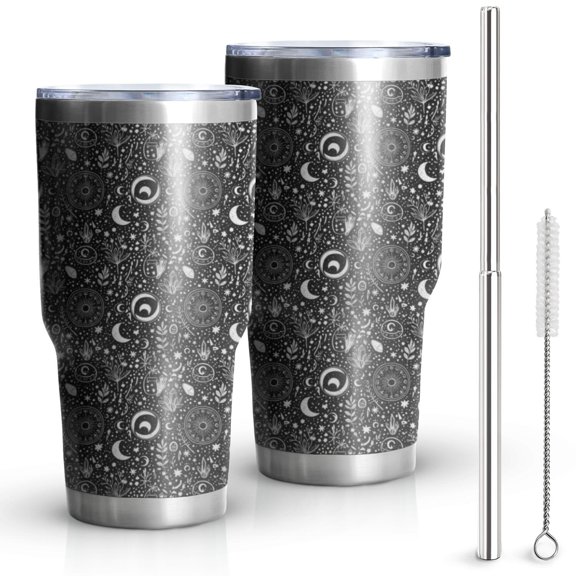 30oz Black White Moon Plant Pattern Tumblers Stainless Steel Tumbler with Lid and Straw,Vacuum Insulated Double Wall Travel Tumbler Cups Mug with Cleaning Brush for Coffee,Tea
