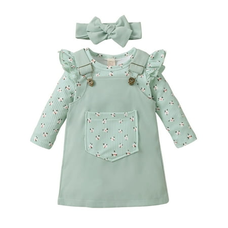

Sunisery 3PCS Infant Newborn Baby Girls Pitted Long Sleeve O-Neck Solid Color Romper Suspender Skirt Green 3-6 Months
