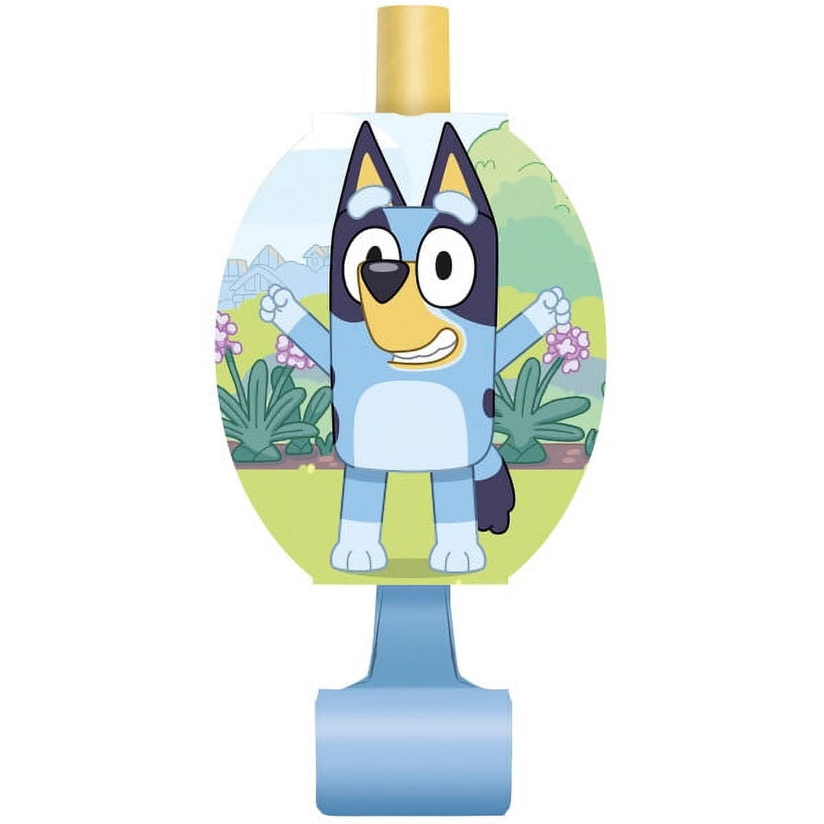 Bluey Birthday Party Bundle Pack includes 16 Lunch Plates, 16 Lunch Napkins, 16 Paper Cups, 1 Plastic Table Cover, 1 Happy Birthday Banner, 16 Party Blowouts, 1 Dinosaur Sticker Sheet