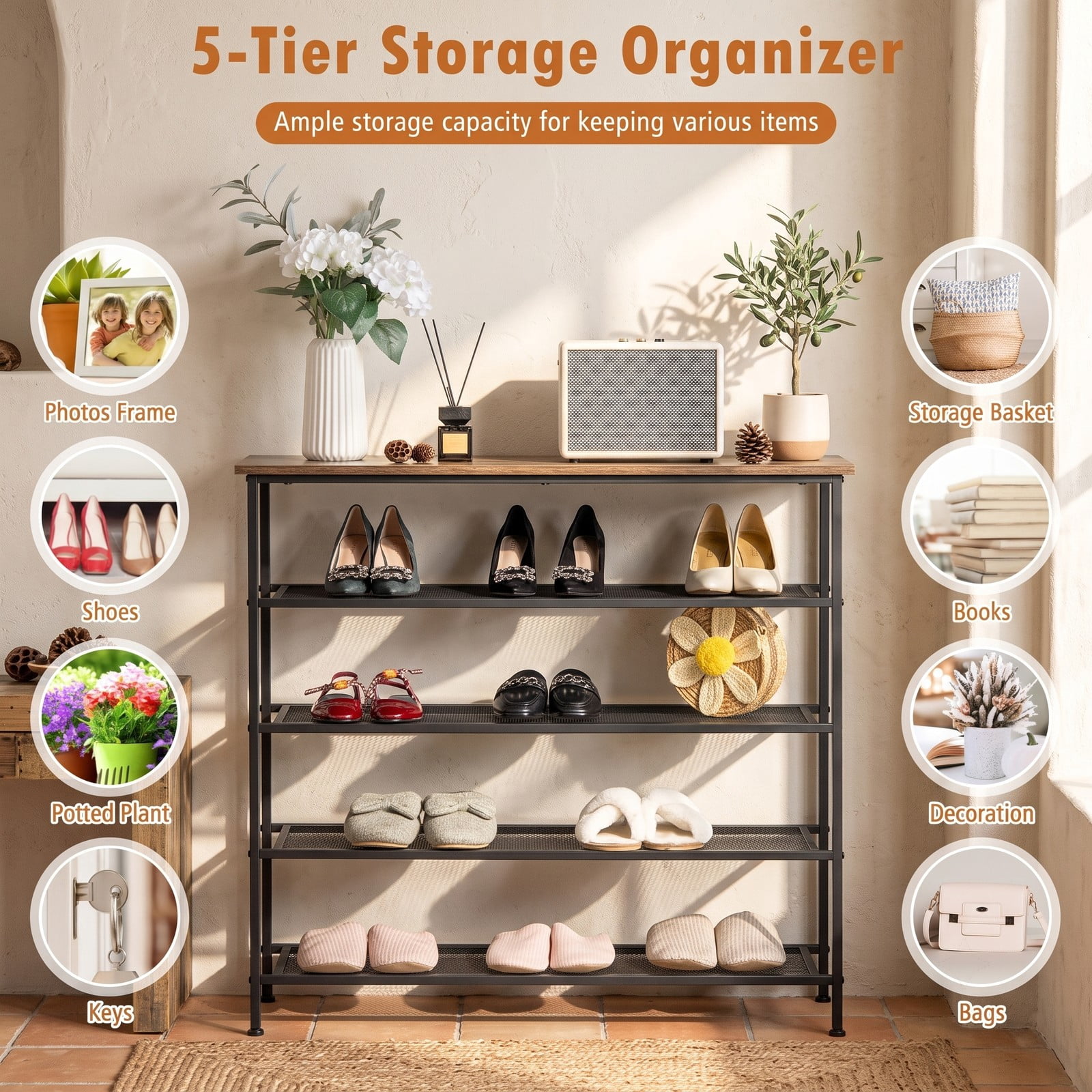 Furnibear Industrial 5-Tier Metal Shoe Rack with Wood Top and Adjustable Feet for Entryway Hallway and Bedroom, Rustic Brown