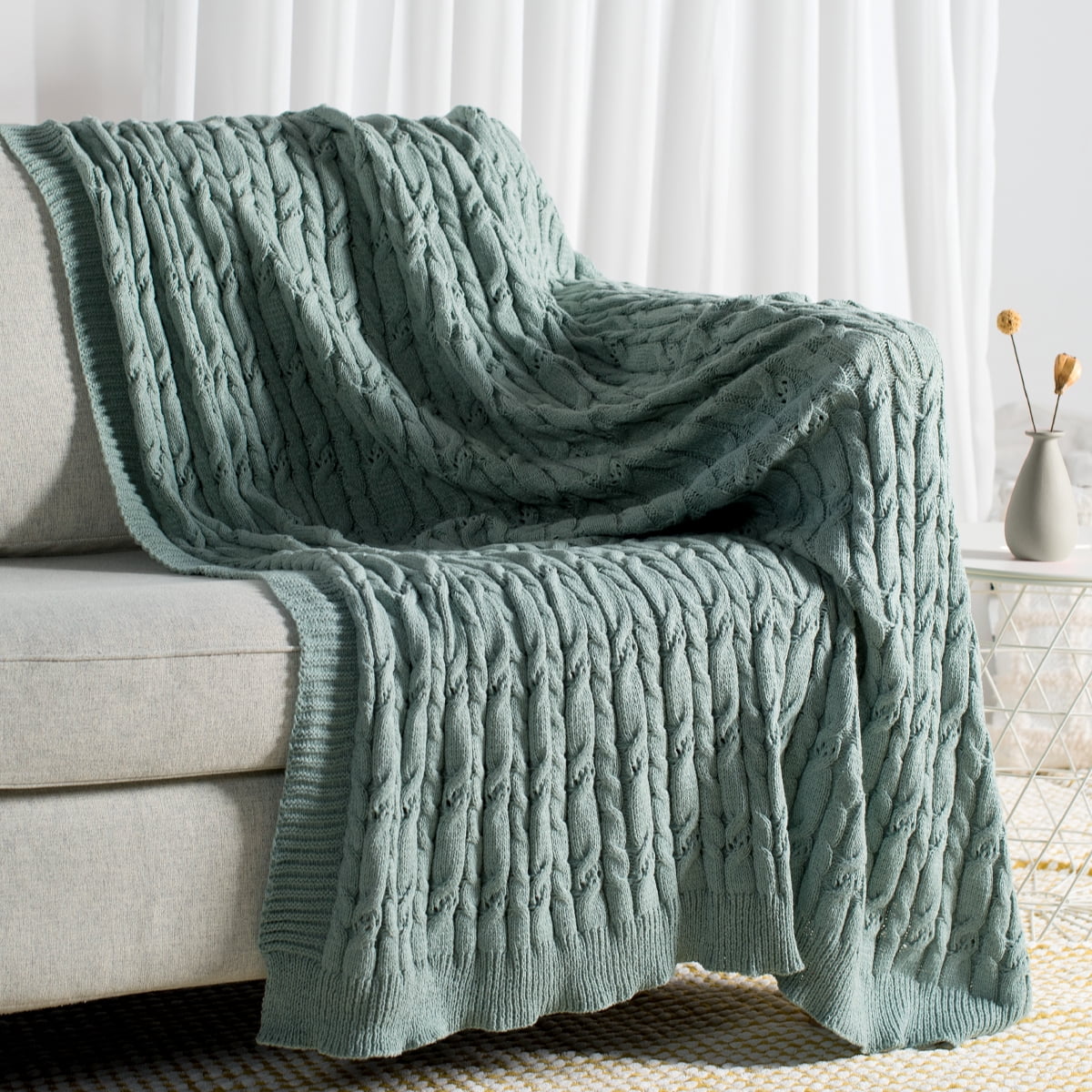 Carriediosa Cable Knit Throw Blanket Farmhouse Decor for Couch Chair Bed Sofa, 50" x 60" Sage Green