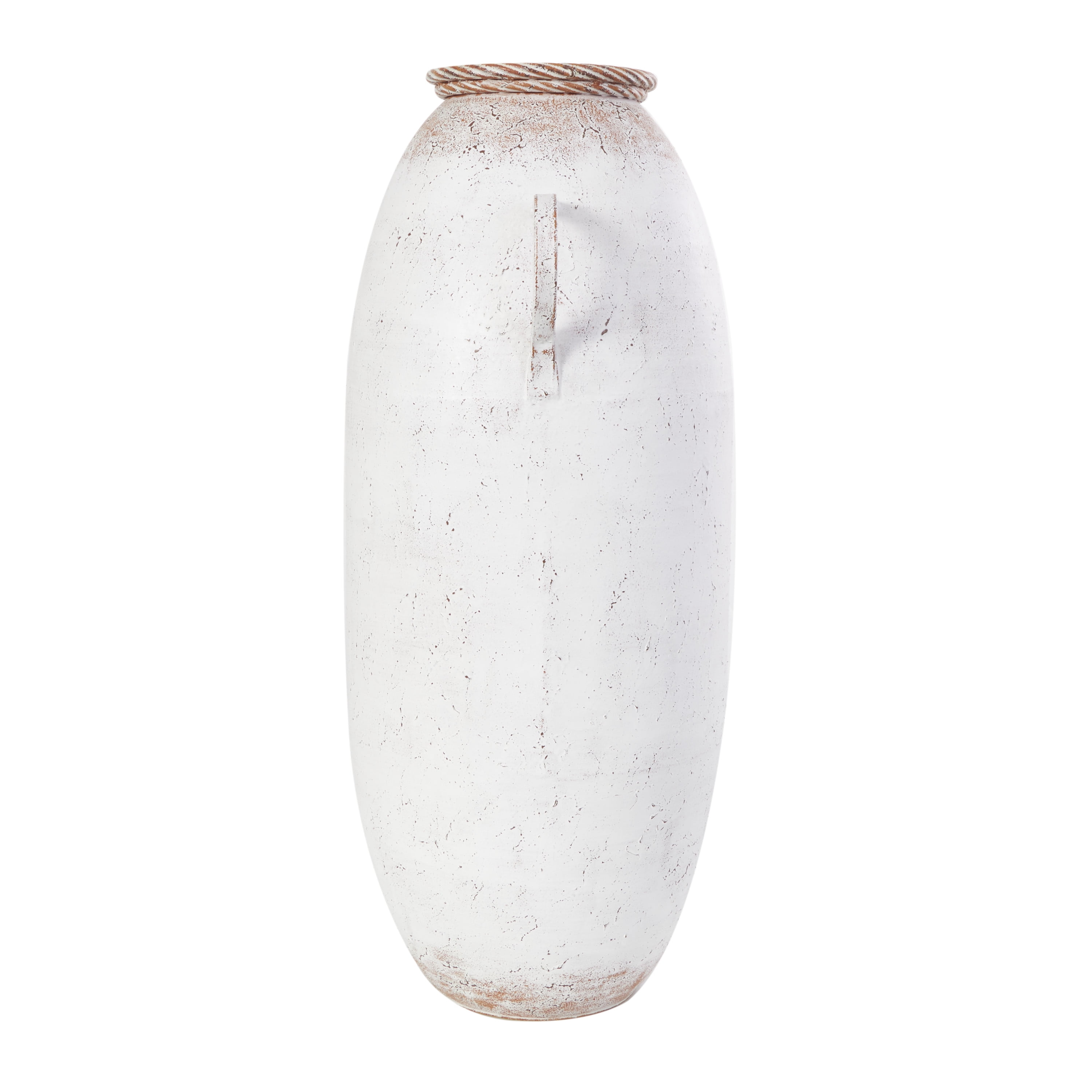 DecMode 28" Antique Style White Metal Vase with Terracotta Accents and Handles