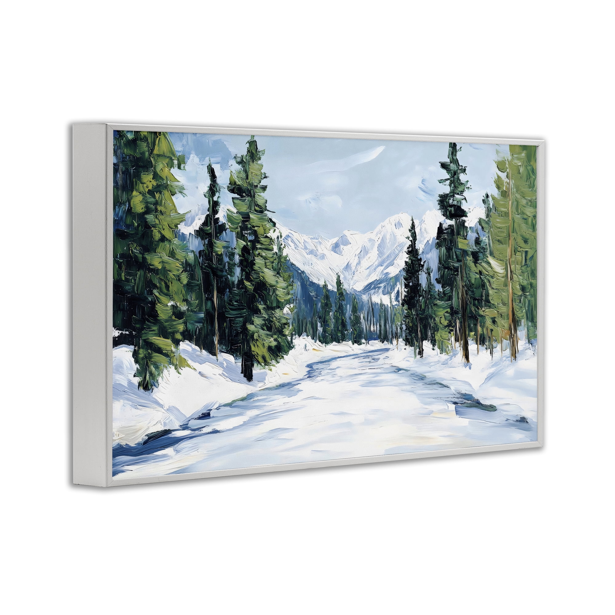 Snowy Tall Tree Pass White Framed Giclee Art, design by Petal Prints Design
