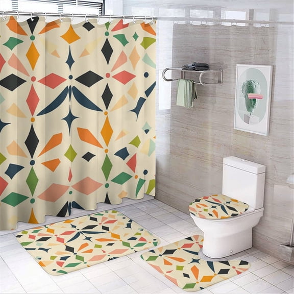 Shower Curtain Sets with Rugs 4 Piece Mid-century Colorful Stars And Diamonds with Non-Slip Rugs Toilet Lid Cover And Bath Mat Modern Striped Geometric Bathroom Accessories Set Decor with 12 Hooks