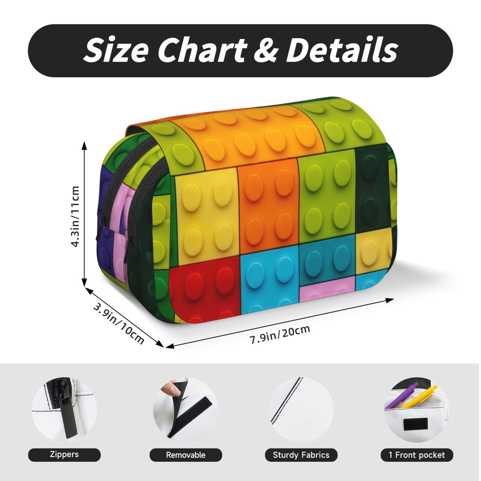 Rateoe Colorful Building Blocks Pattern Double Clamshell Pen Case, Storage Organizer with Two Zipper Compartments– Holds Up to 50 Pencils & Pens
