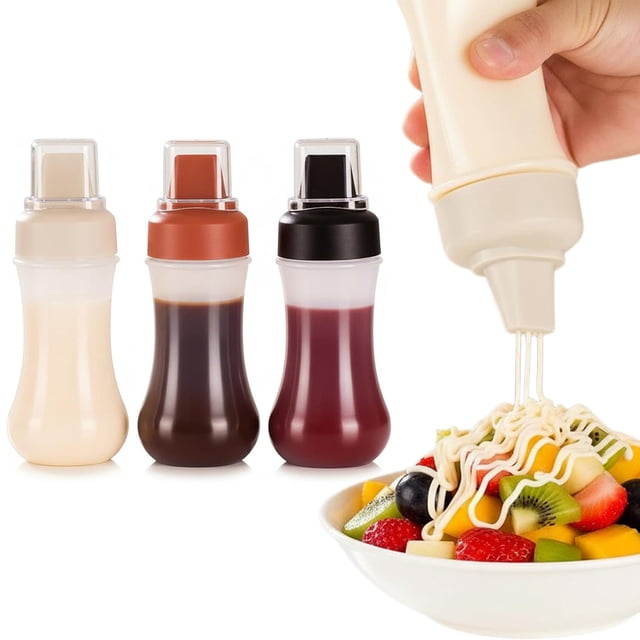 Juego de 3 Botella Del Apretón De La Salsa De 5 Agujeros, Botellas Exprimibles para Salsas y Condimentos, con Tapa a Prueba de Fugas y Línea de Escala, Sauce Squeeze Bottle