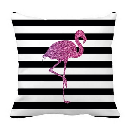 Pink And White Cushions YKCG Glitter Pink Flamingo Black and White Stripes Pillowcase Pillow Cushion Case Cover Twin Sides 18x18 inches ()