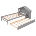 thumbnail image 2 of Twin Size Storage House Bed with Pull-Out Trundle, Pine Wood House Bed Frame with Roofed Bookcase Headboard, Indoor Bedroom Mattress Foundation for Adults Kids Teens, No Spring Box Needed, Grey, 2 of 7