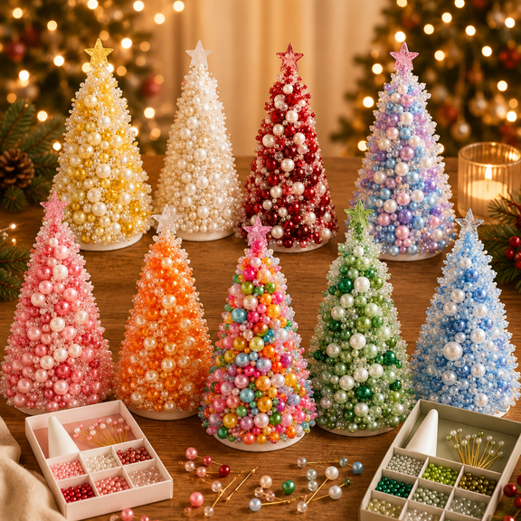 Dreamy Beaded Christmas Tree DIY Kit, 3D Pearl Beaded Christmas Tree Craft Set, Holiday DIY Decor with Sparkling Beads, Cone Base, Star Topper and Display Stand