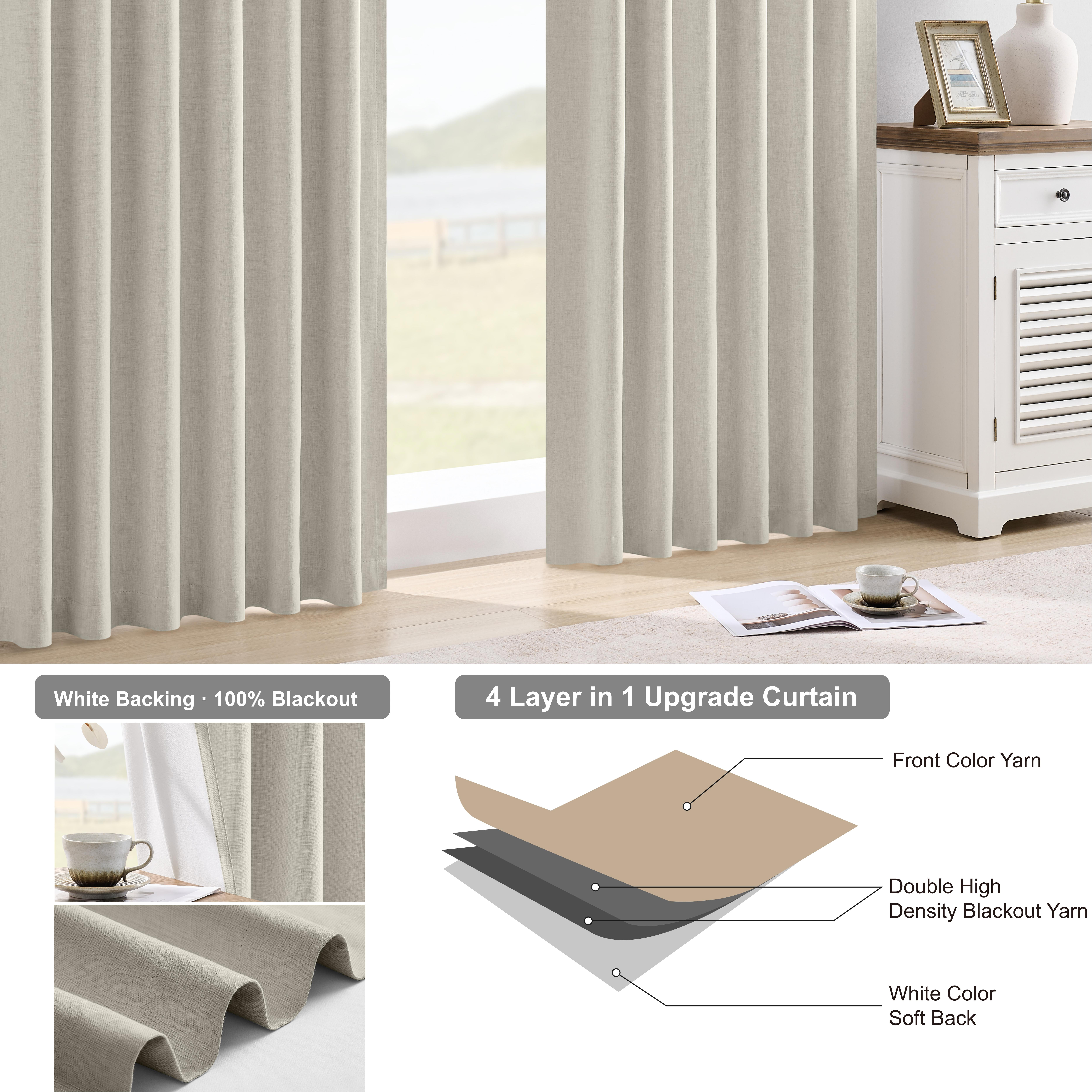 Muuphra Farmhouse 100% Blackout Back Tab Curtains for Living Room,2 Panels,Linen,52×84 Inches