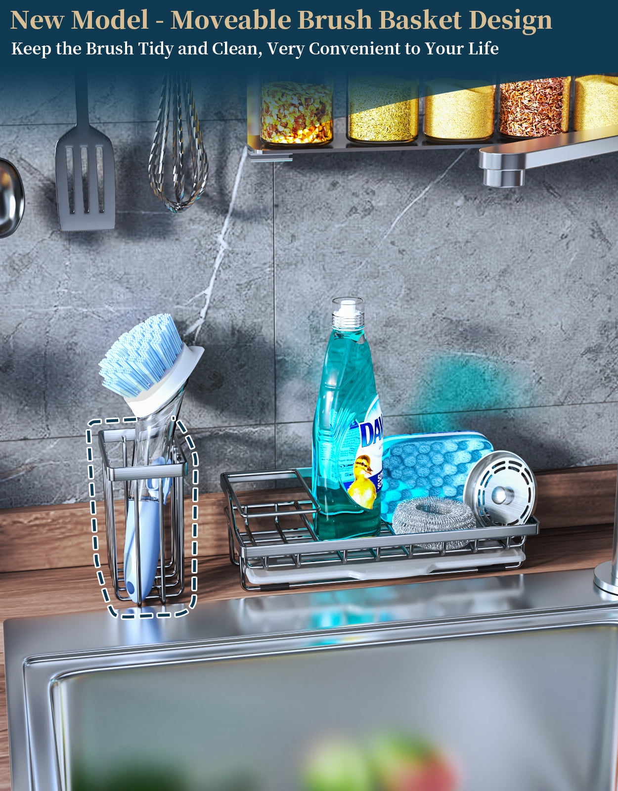  YOHOM Kitchen Scrub Brush Holder for Sink Sponge Caddy  Countertop Organizer Plastic Dish Brush Sponge Holder with Drain Tray
