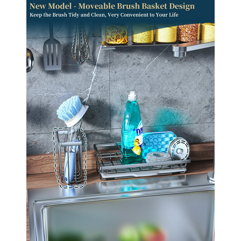 Sponge Holder for Kitchen Sink, Kitchen Sink Caddy, Rustproof 304 Stainless  Steel Dish Sponge Organizer with Divider, Dish Soap Dispenser Brush Holder