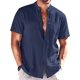 thumbnail image 2 of Blusa de Manga Corta Arrugada Botones Sólidos, Casual Stand-Up Cuello de los Hombres Camiseta, Poliéster Spandex Moda Superior, 2 of 6