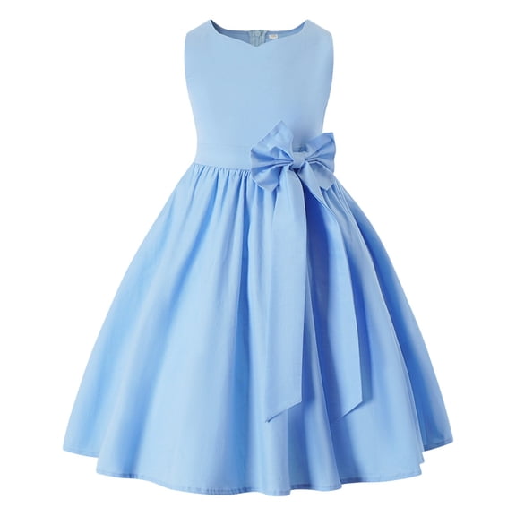 WhouRiu Big Girls Dress with Bow Sleeveless Crewneck Flowy Dresses Kids Summer Solid Lightweight Birthday Dresses Blue,Size 9-10 Y