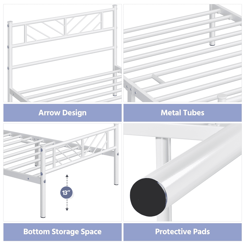 Fullfurnique Minimalist Metal Platform Bed with Arrow Design Headboard for Adult, Queen, White