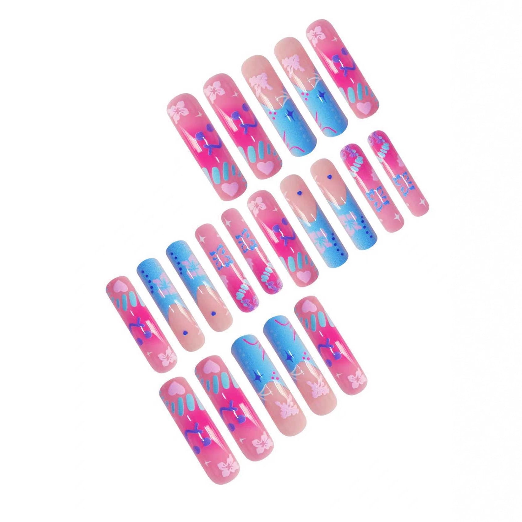 Cross-border hot sale curved nail long sweet cool blue cute flowers simple fashion wearing nail piece finished product wholesale