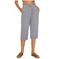 thumbnail image 2 of Cotton Linen Capri Pants for Women Elastic High Waist Relaxed Fit Straight Leg Cropped Pants Capris with Pockets, 2 of 6
