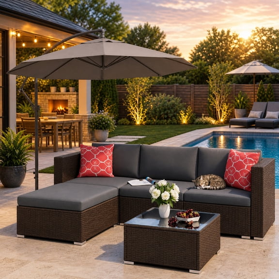 5 Pieces Patio Furniture Set, Modular Outdoor Conversation Set with Thick Cushions & Tempered Glass Table, All Weather Steel Frame Sofa Set for Backyard Garden Balcony