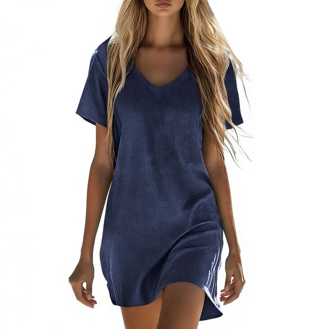 Camisas de Lino para Mujeres Cuello en V Vestido Casual de Manga Corta con Bolsillo, Vestido de Lino Estilo Cómodo Túnica para Verano Diario