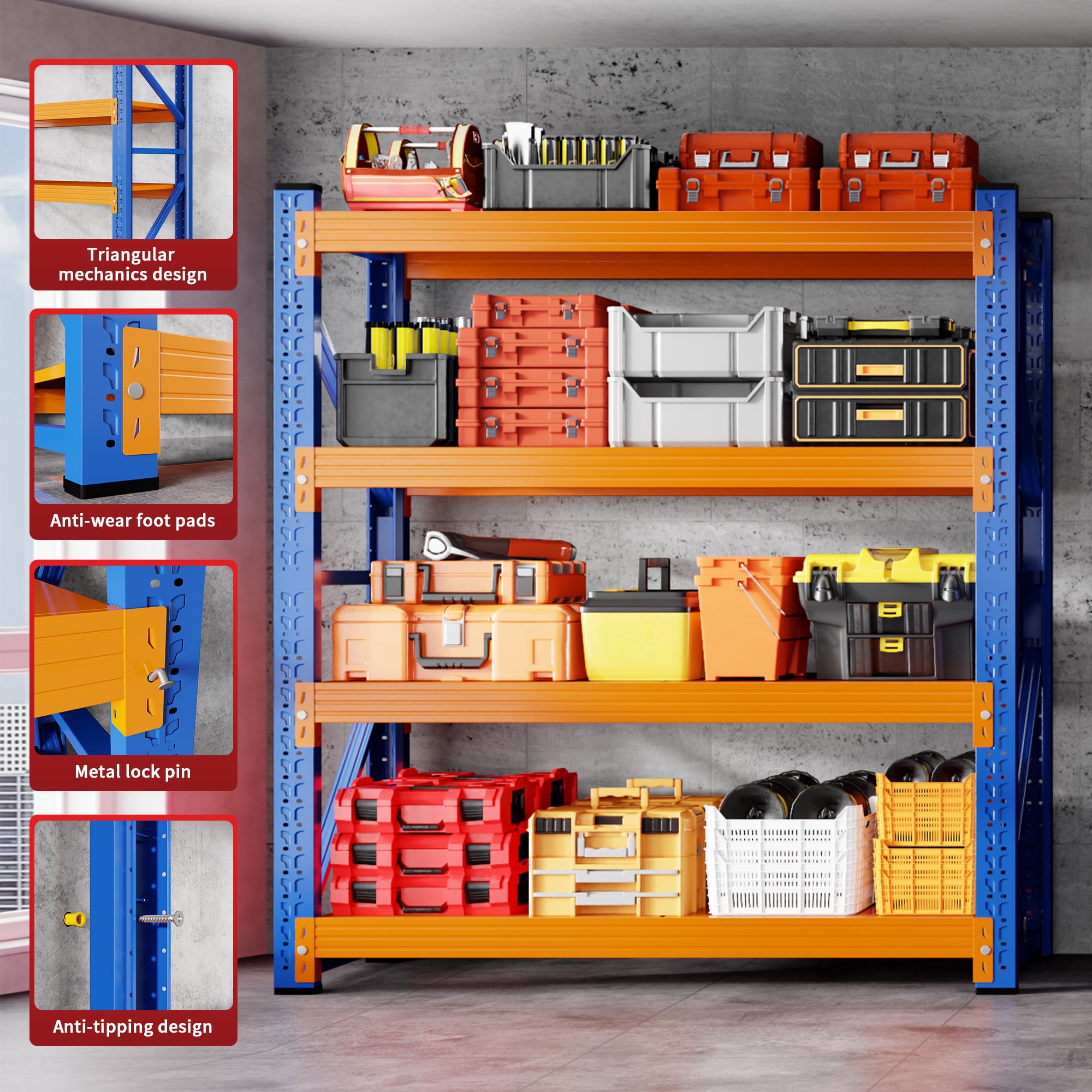 CXUZCZ 59" W Garage Shelving 3000LBS Garage Shelving Heavy Duty 4-Tier Metal Storage Shelves Adjustable Storage Rack for Basement Supermarket Warehouse 59.1" W x 23.7" D x 78.7" H Blue-Orange