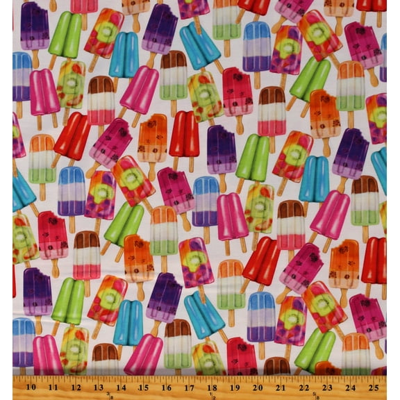 Cotton Dessert Popsicles Ice Cream Cold Treats Sweet Tooth White Cotton Fabric Print by the Yard (AMKD-19825-287SWEET)