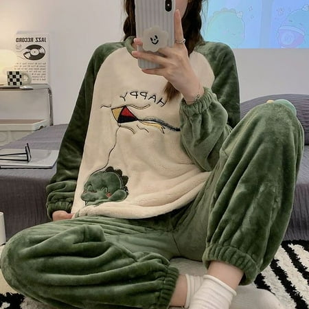 

QWZNDZGR Autumn Winter Women s Pajamas Cute Cartoon Printed Sleepwear Casual Home Wear Set Girl Knitted Size M-3XL Pijamas Fashion Pyjama