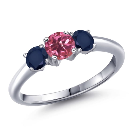 Gem Stone King 925 Sterling Silver Pink Tourmaline and Blue Sapphire Engagement Ring for Women | 1.22 Cttw | Round 5MM | Gemstone October Birthstone | Size 5