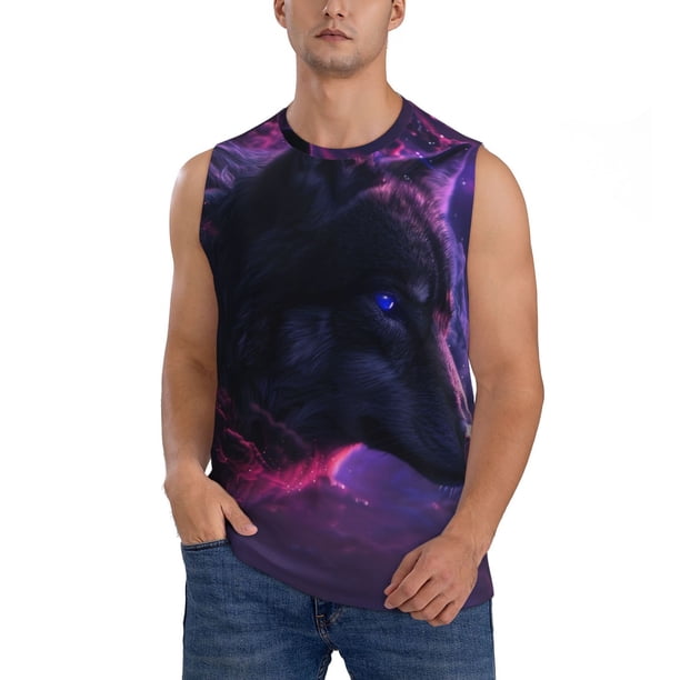Fotbe Galactic Wolf Stare Men's Camiseta sin Mangas Estampada para Hombres, Playera Casual para Gimnasio, Entrenamiento, Playa-Medium