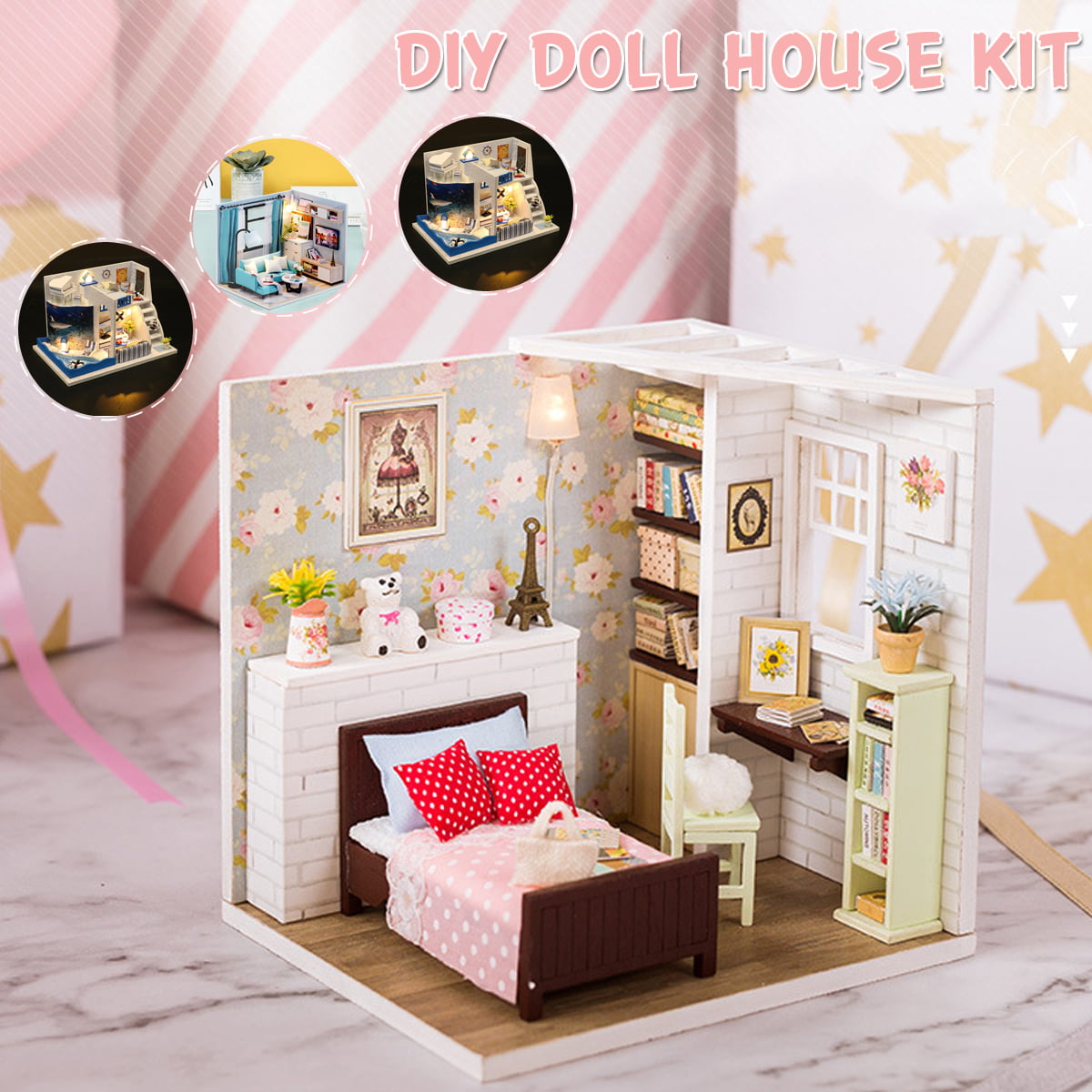 3D Wooden Miniature Dollhouse Furniture Kids DIY Doll House Model Princess Room 