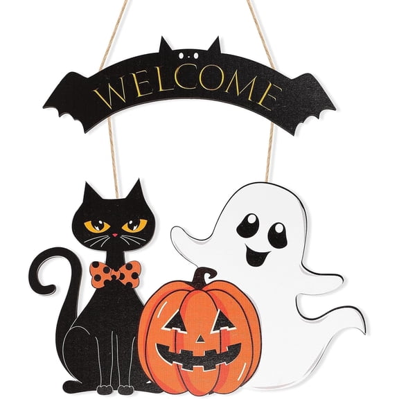 Halloween Decoration Wooden Ghost Door Wreath for Front Door Sign Wall Signs, Pumpkin Black Cat Happy Halloween Sign Hanging for Home Wall Decor Halloween Party Outdoor Indoor Supply