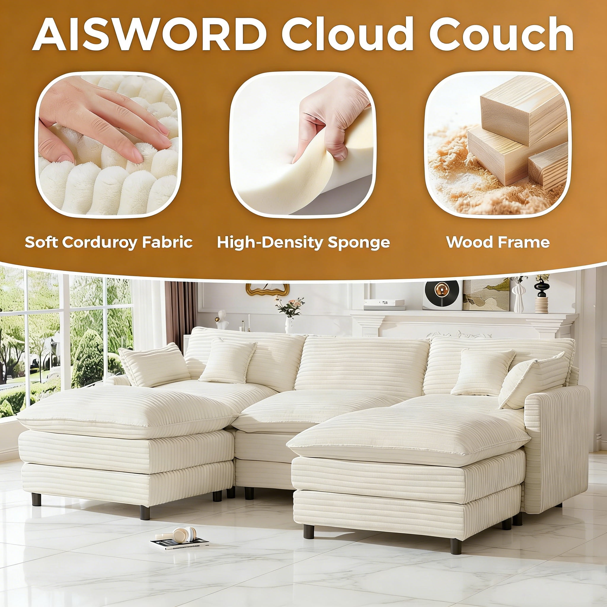 AISWORD 112" Modern L Shaped Modular Sectional Sofa, Cloud Sectional Deep Seat Couch, 4 Seater High-Density Memory Foam Couch Chenille Sofa, Boneless Couches for Living Room, No Assembly, White