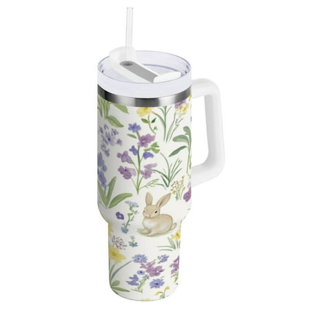 

Stainless Steel Tumbler with Straw and Handle Double Wall Insulated Tumblers Spring Garden with Bunnies