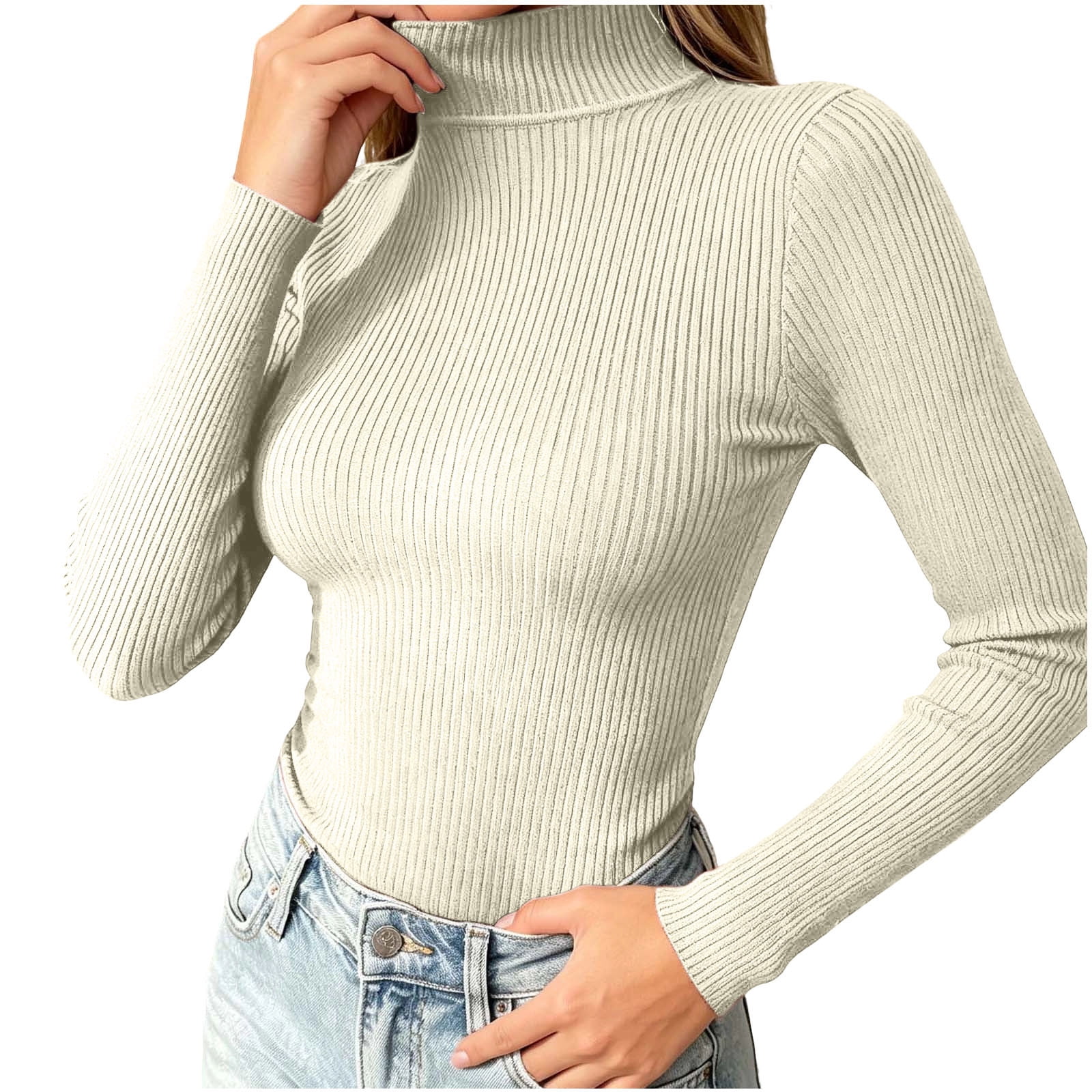Vynhevius Womens Tops Solid Long Sleeve Mock Turtleneck Ribbed Slim Fit Casual Fall Winter Soft Basic Layering Pullover Shirts