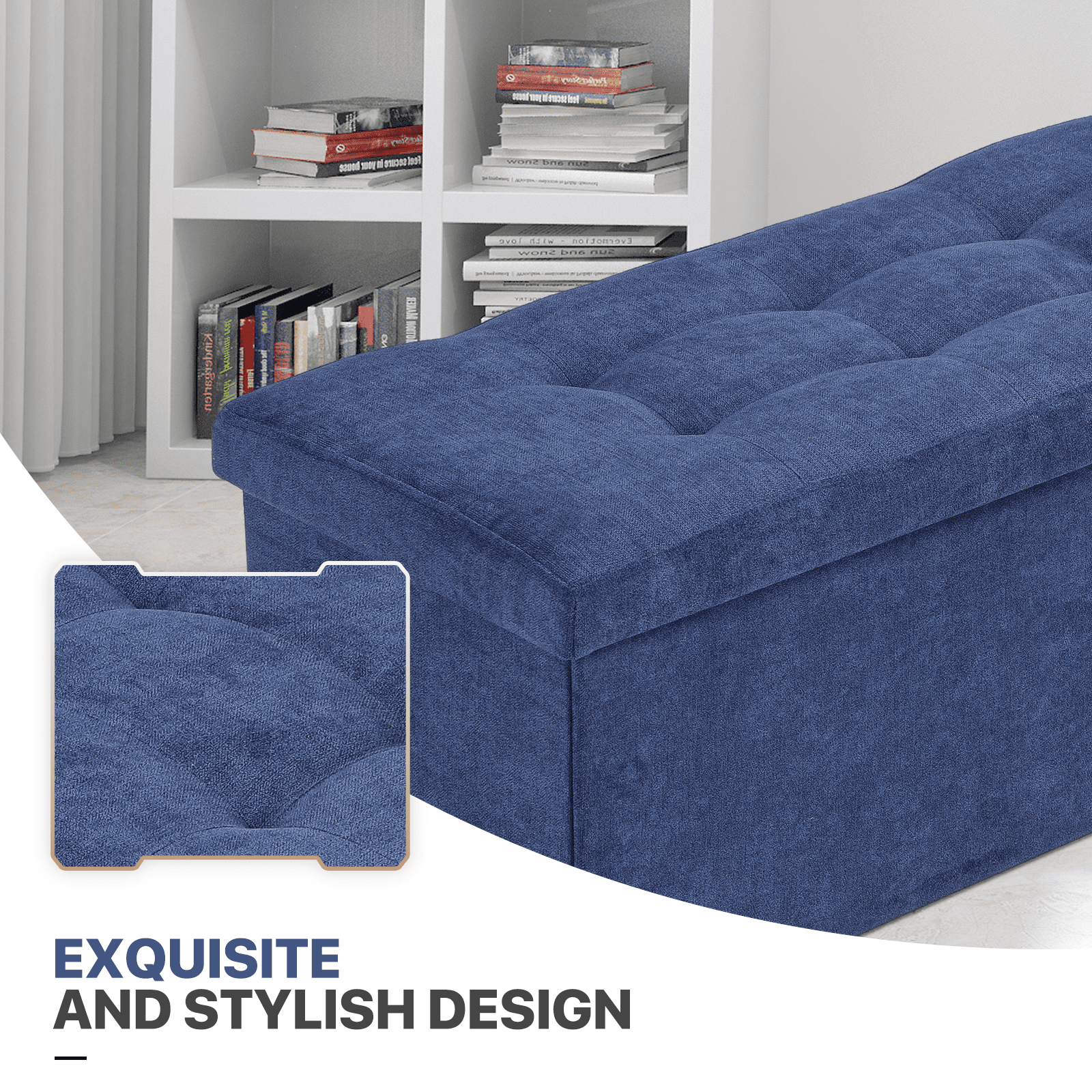 MoNiBloom 30" Folding Storage Ottoman Bench, Cotton-linen Collapsible Footrest Ottoman with Storage, for Living Room Bedroom Entryway, Navy Blue