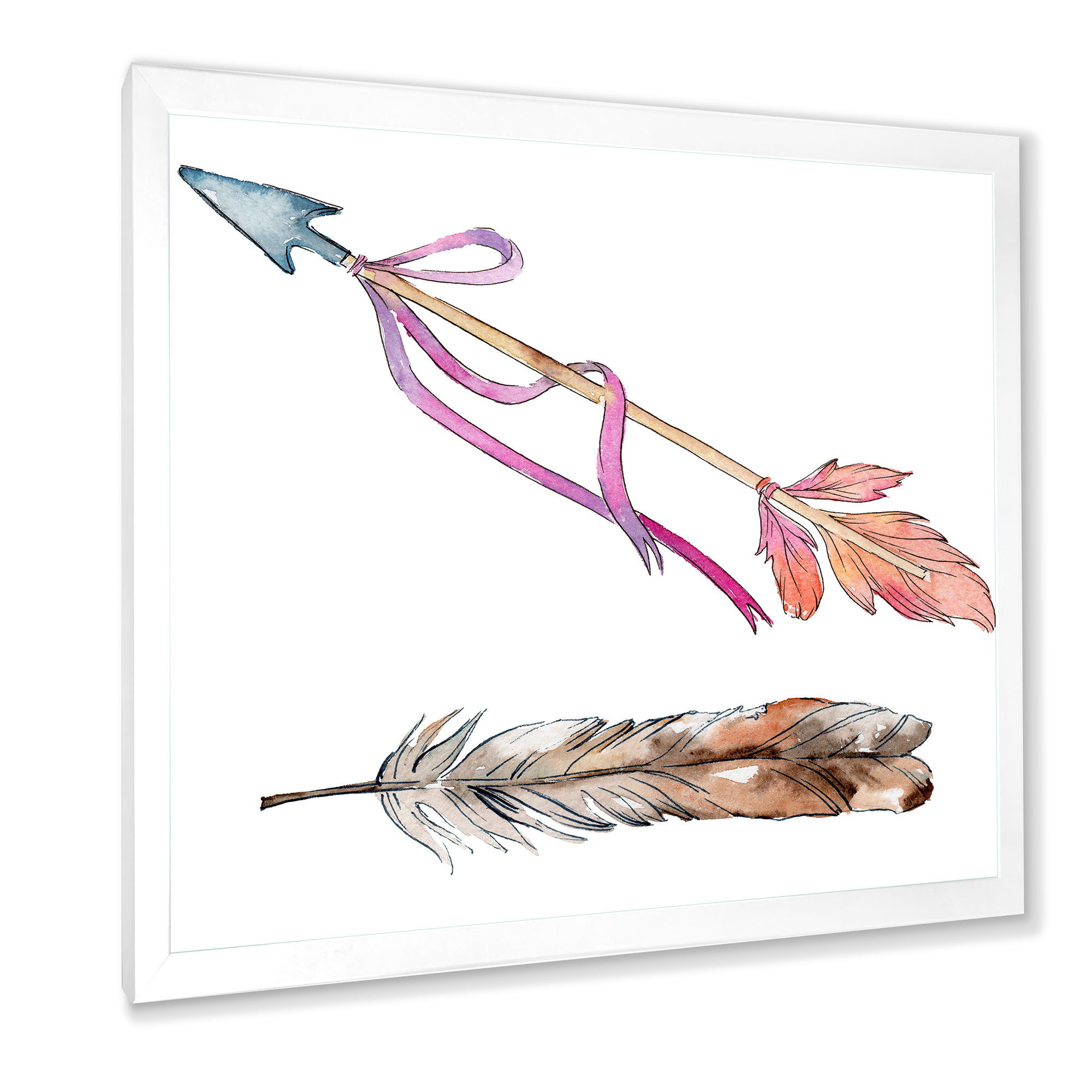Designart 'Pink Bird Feather From Wing on Arrow' Bohemian & Eclectic Framed Art Print