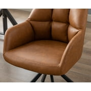 Guyou Modern Swivel Office Chair No Wheels, PU Leather Upholstered Desk Chair Armchair with Black Metal Legs for Living Room Bedroom Home Office, Brown