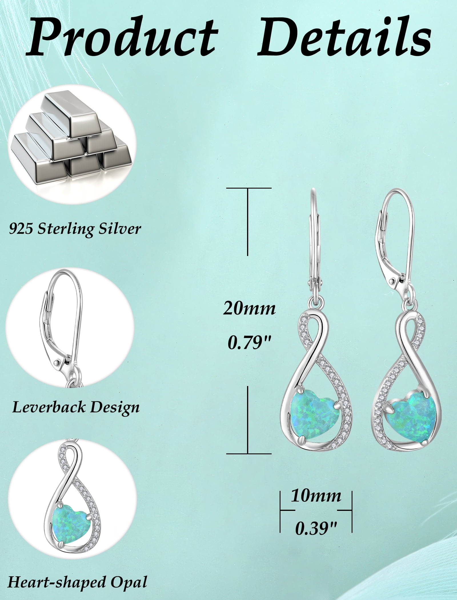VESITIM Infinity Dangle Leverback Earrings 925 Sterling Silver Heart Earrings Created Green Opal Jewelry for Women