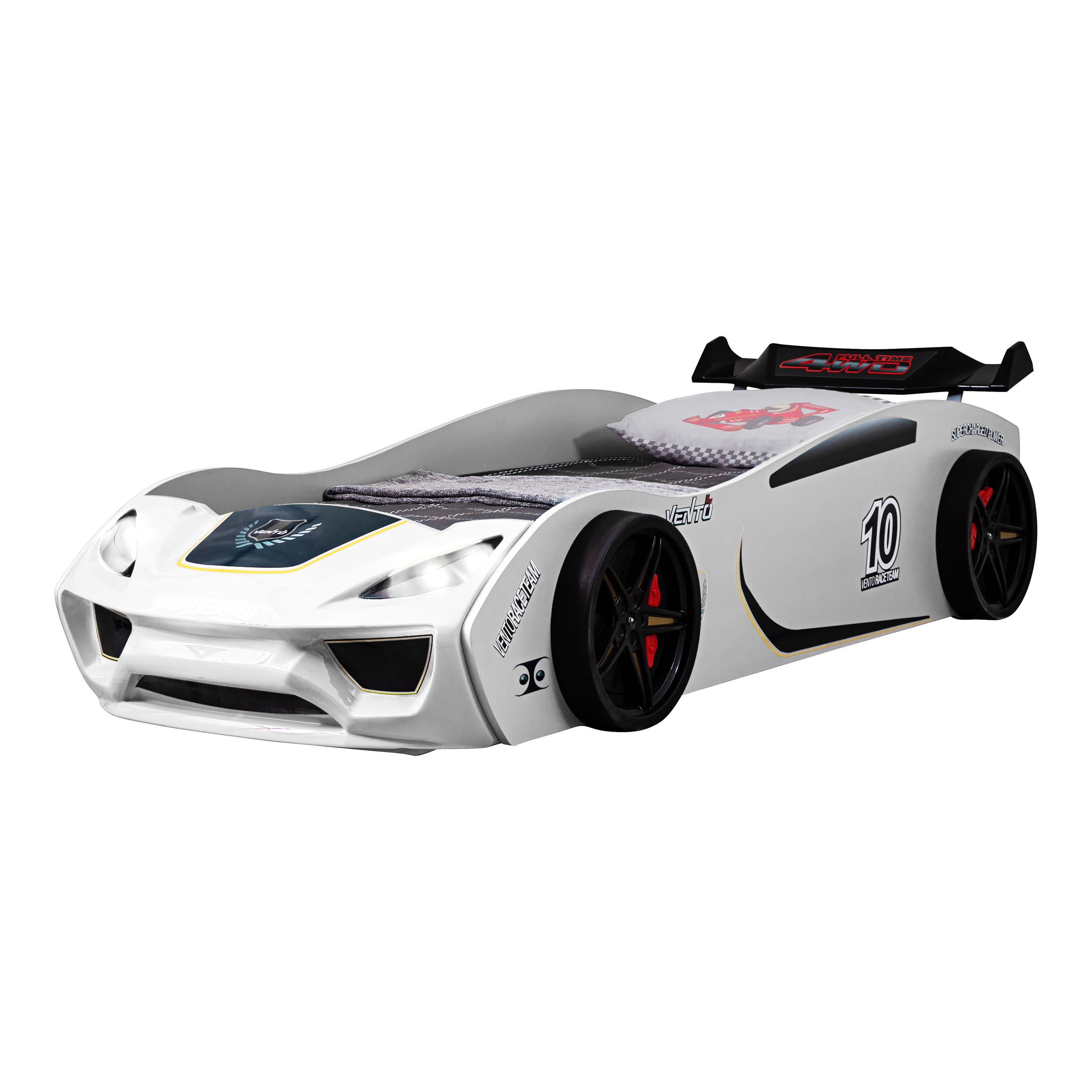 Furniture of America Blanche Kids Twin Platform Bed, ABS Plastic, with LED Headlights, Race Car Design, White